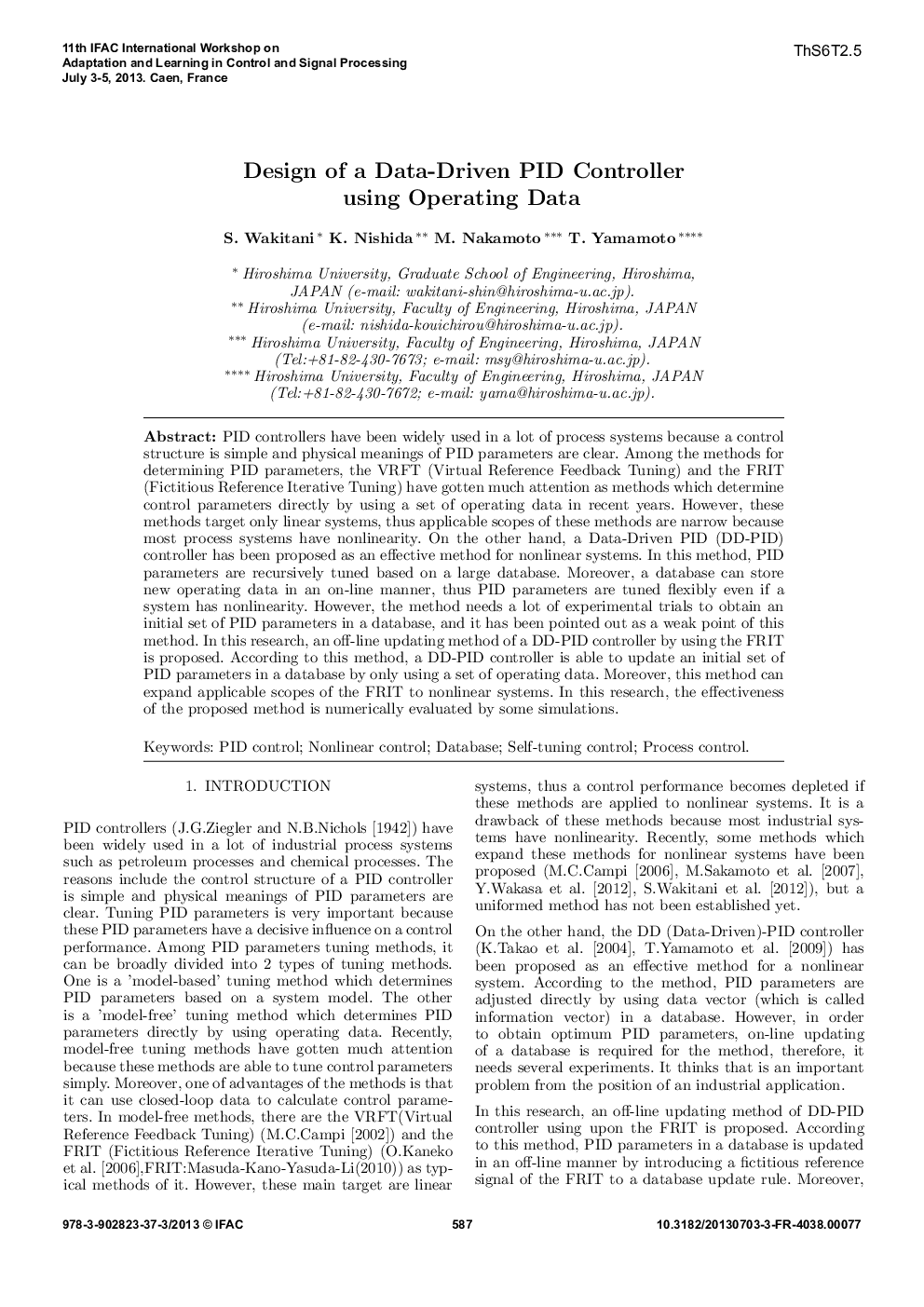 Design of a Data-Driven PID Controller using Operating Data
