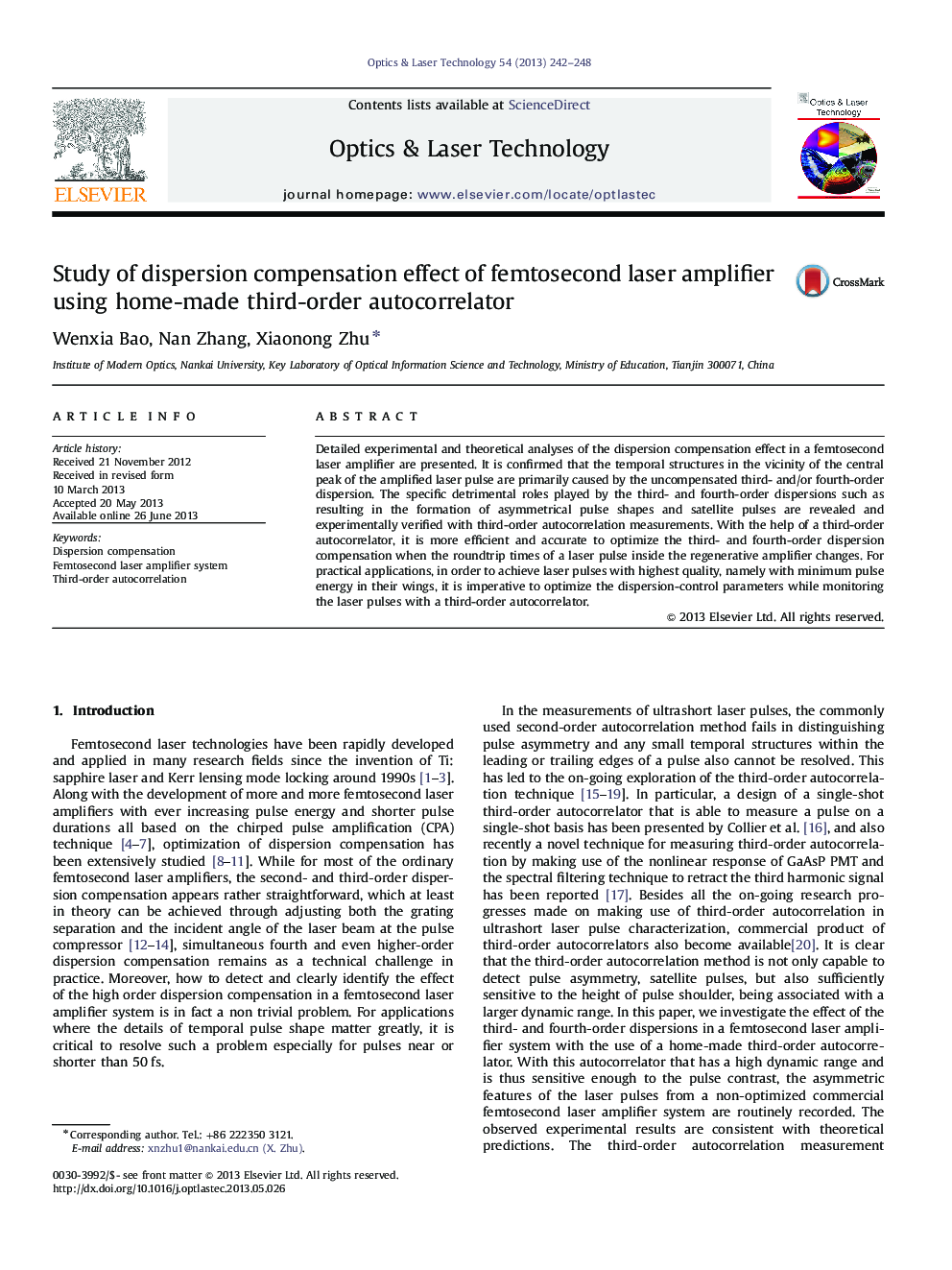 Study of dispersion compensation effect of femtosecond laser amplifier using home-made third-order autocorrelator