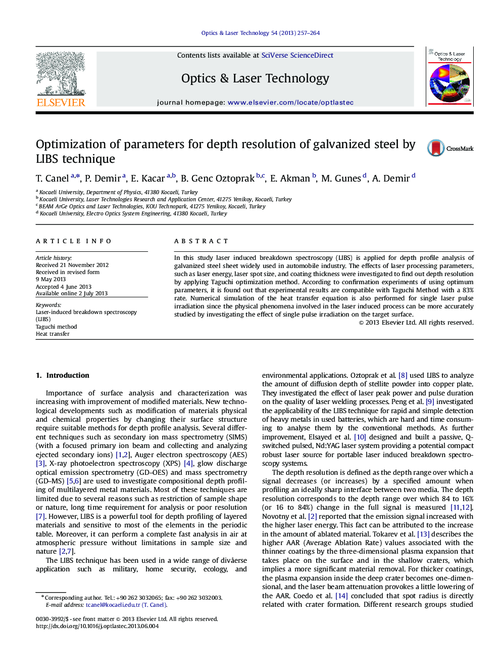 Optimization of parameters for depth resolution of galvanized steel by LIBS technique