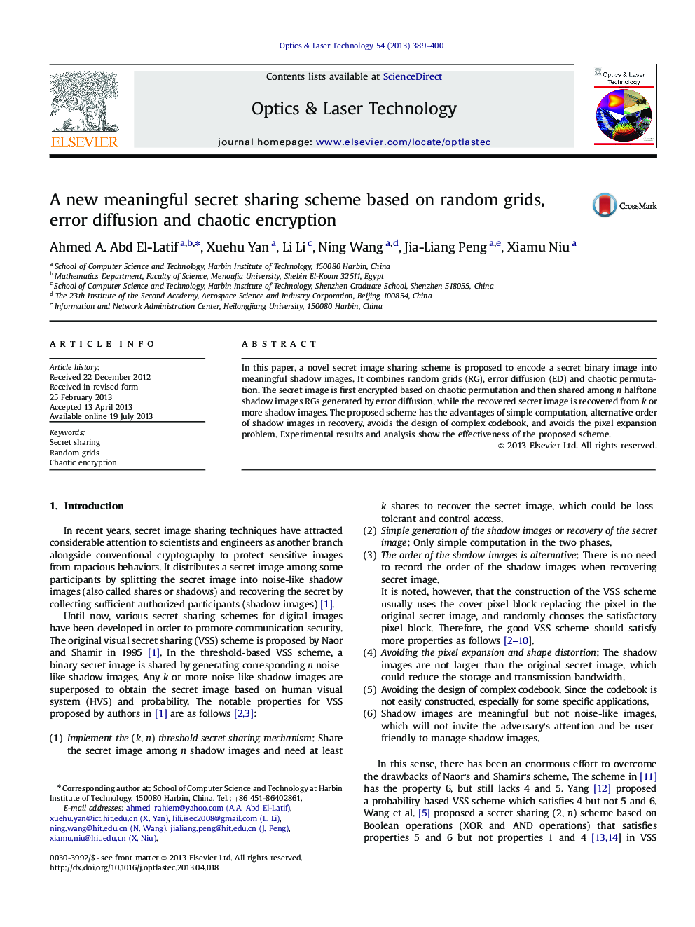 A new meaningful secret sharing scheme based on random grids, error diffusion and chaotic encryption