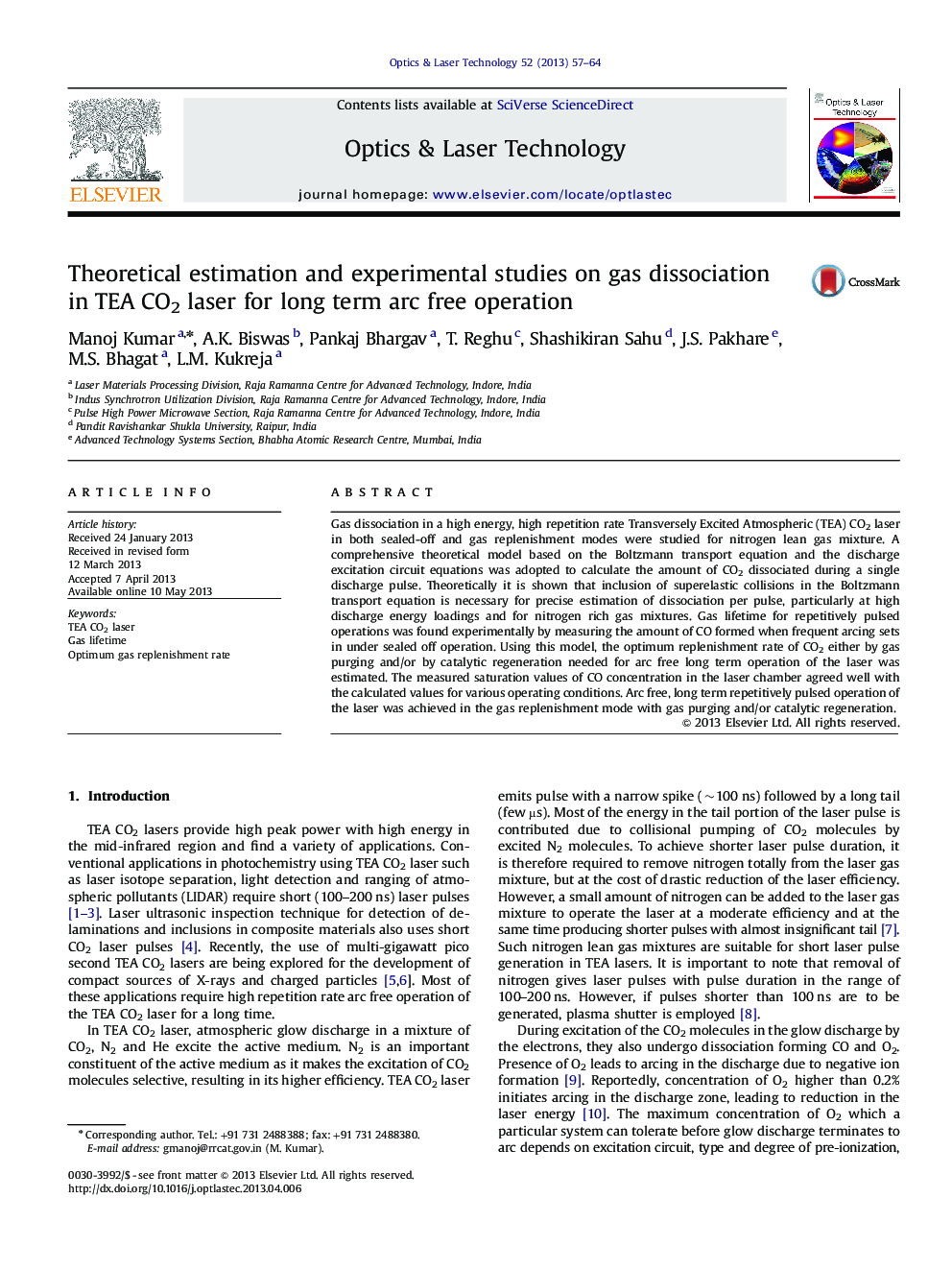 Theoretical estimation and experimental studies on gas dissociation in TEA CO2 laser for long term arc free operation