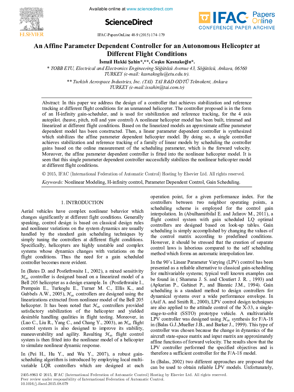 An Affine Parameter Dependent Controller for an Autonomous Helicopter at Different Flight Conditions