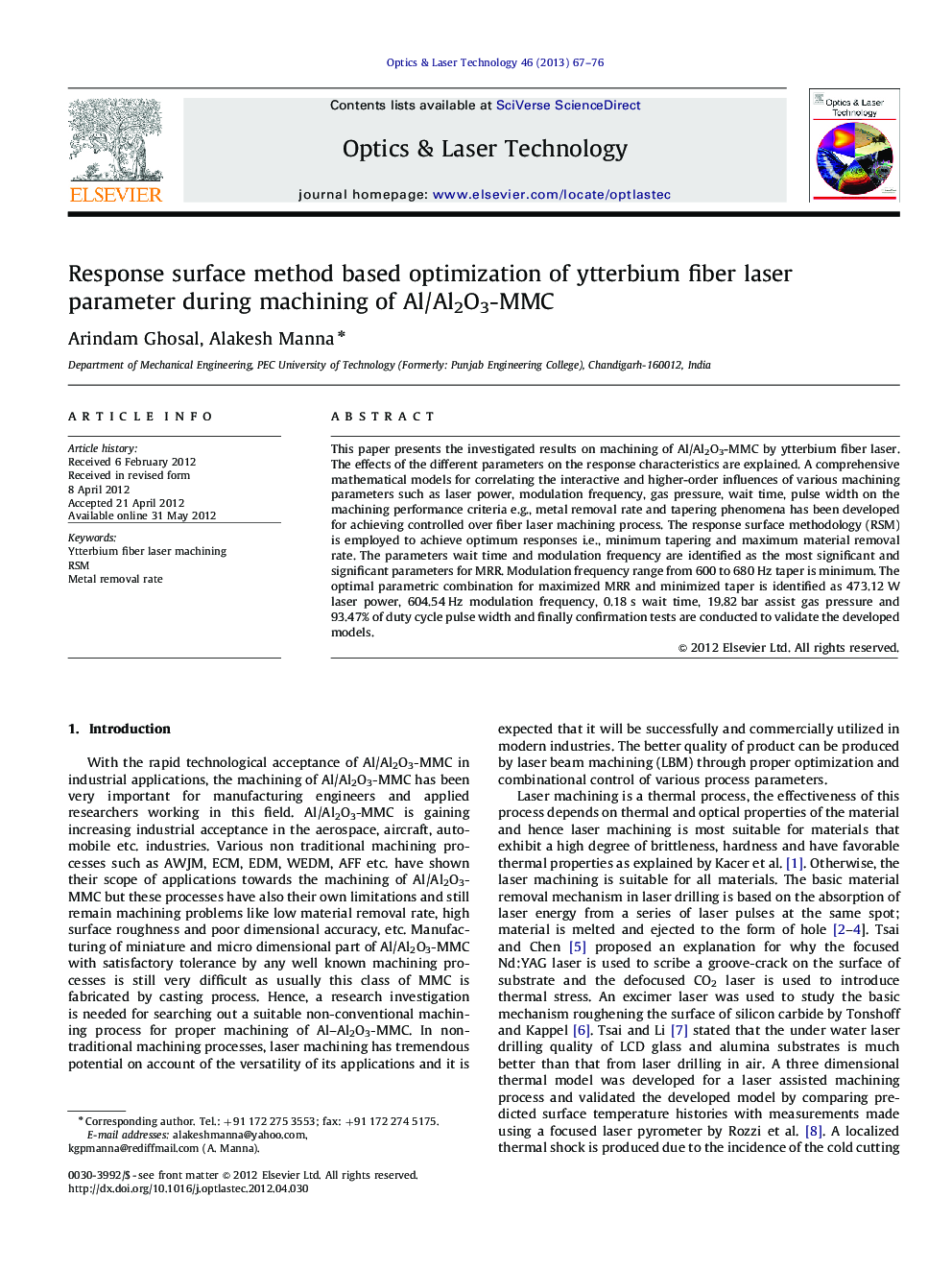 Response surface method based optimization of ytterbium fiber laser parameter during machining of Al/Al2O3-MMC