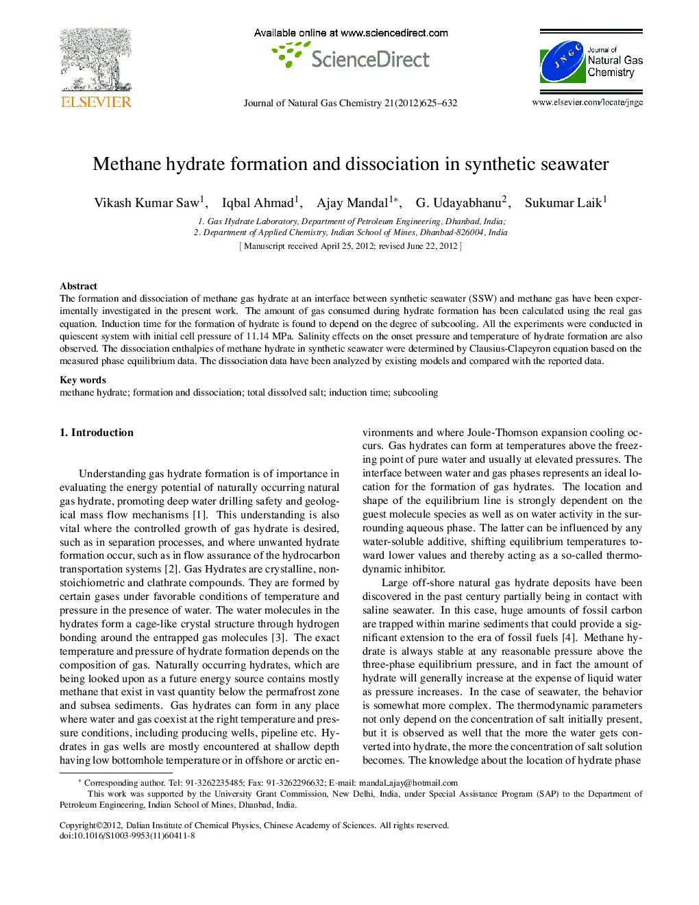 Methane hydrate formation and dissociation in synthetic seawater 