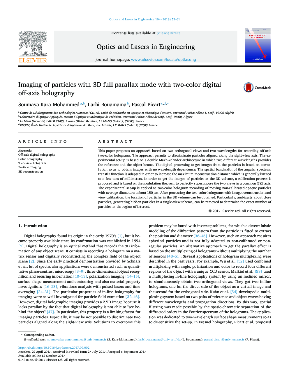 Imaging of particles with 3D full parallax mode with two-color digital off-axis holography