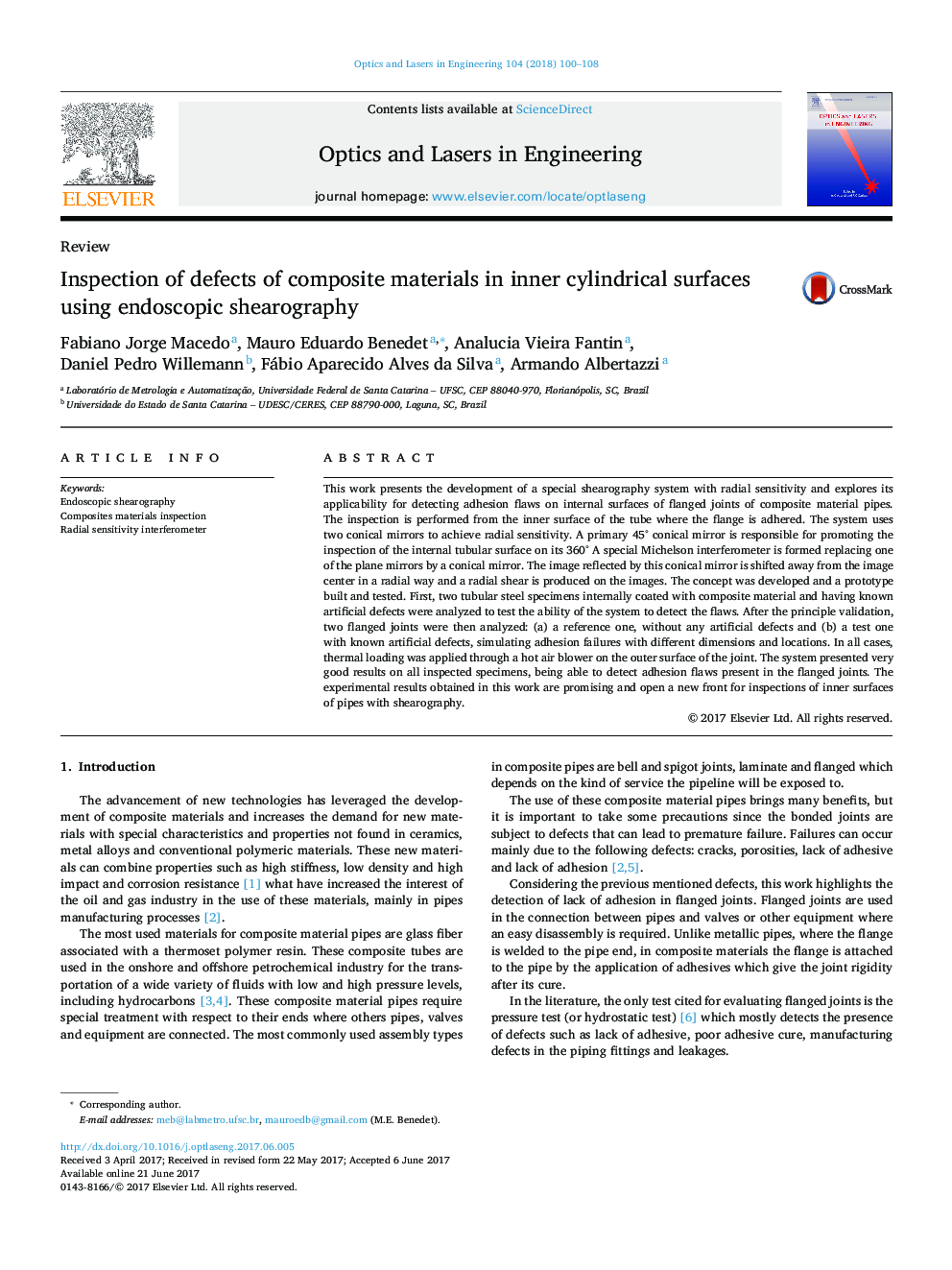 Inspection of defects of composite materials in inner cylindrical surfaces using endoscopic shearography