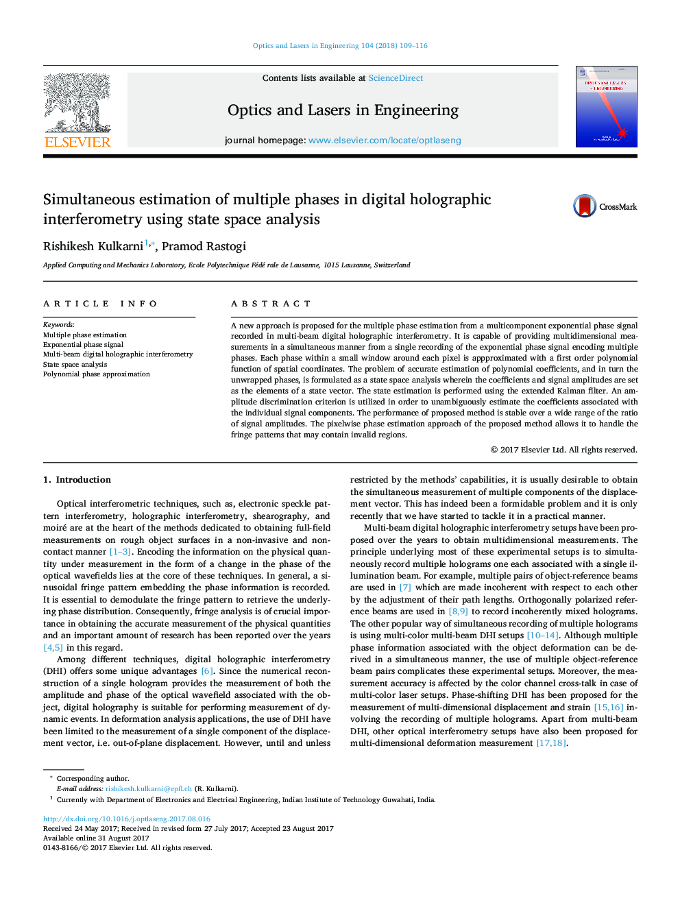 Simultaneous estimation of multiple phases in digital holographic interferometry using state space analysis