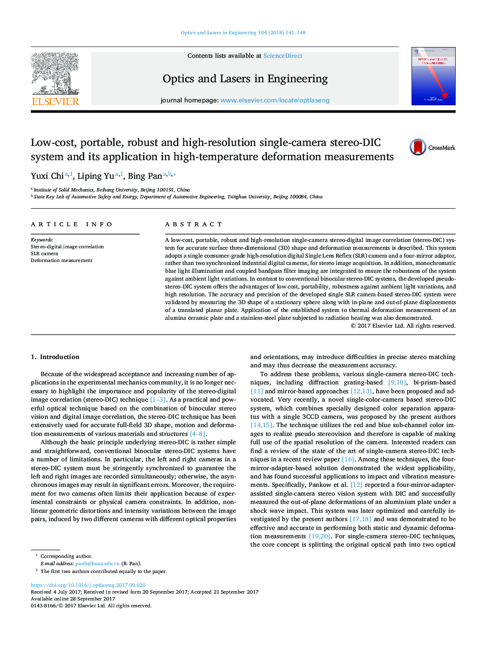 Low-cost, portable, robust and high-resolution single-camera stereo-DIC system and its application in high-temperature deformation measurements