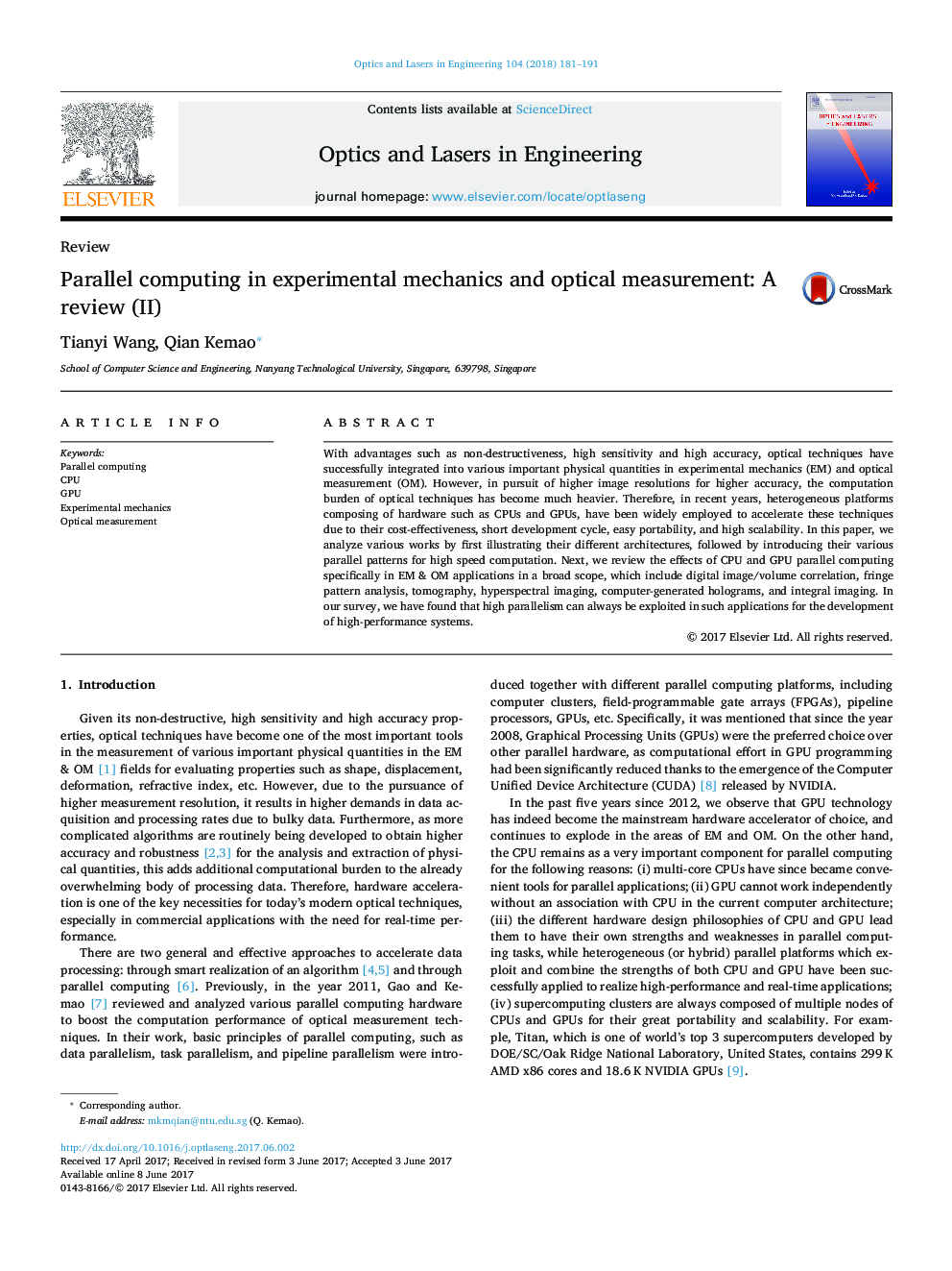 Parallel computing in experimental mechanics and optical measurement: A review (II)