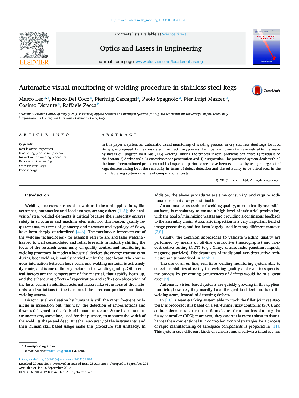 Automatic visual monitoring of welding procedure in stainless steel kegs