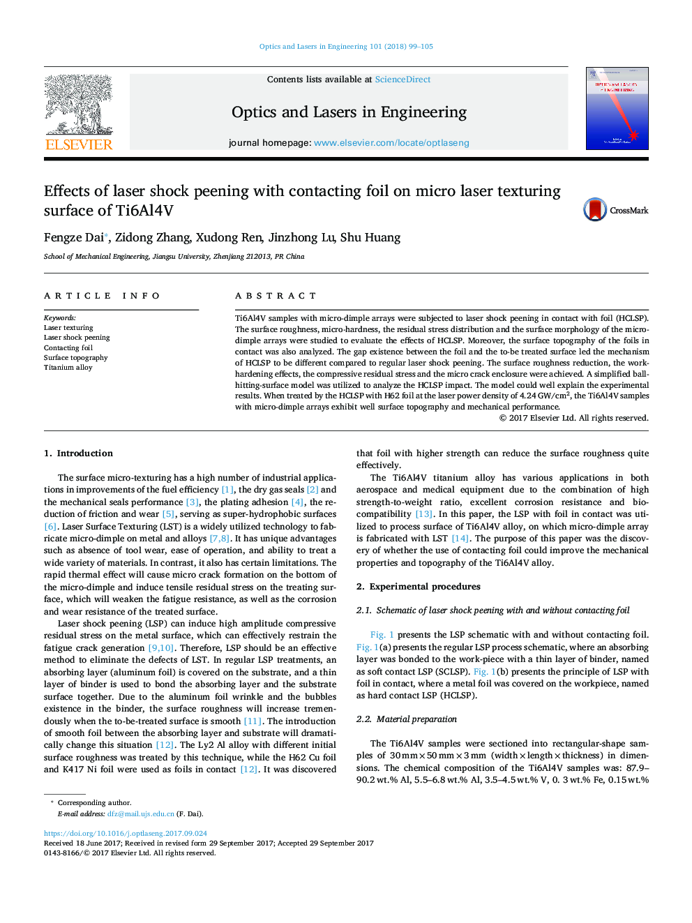 Effects of laser shock peening with contacting foil on micro laser texturing surface of Ti6Al4V