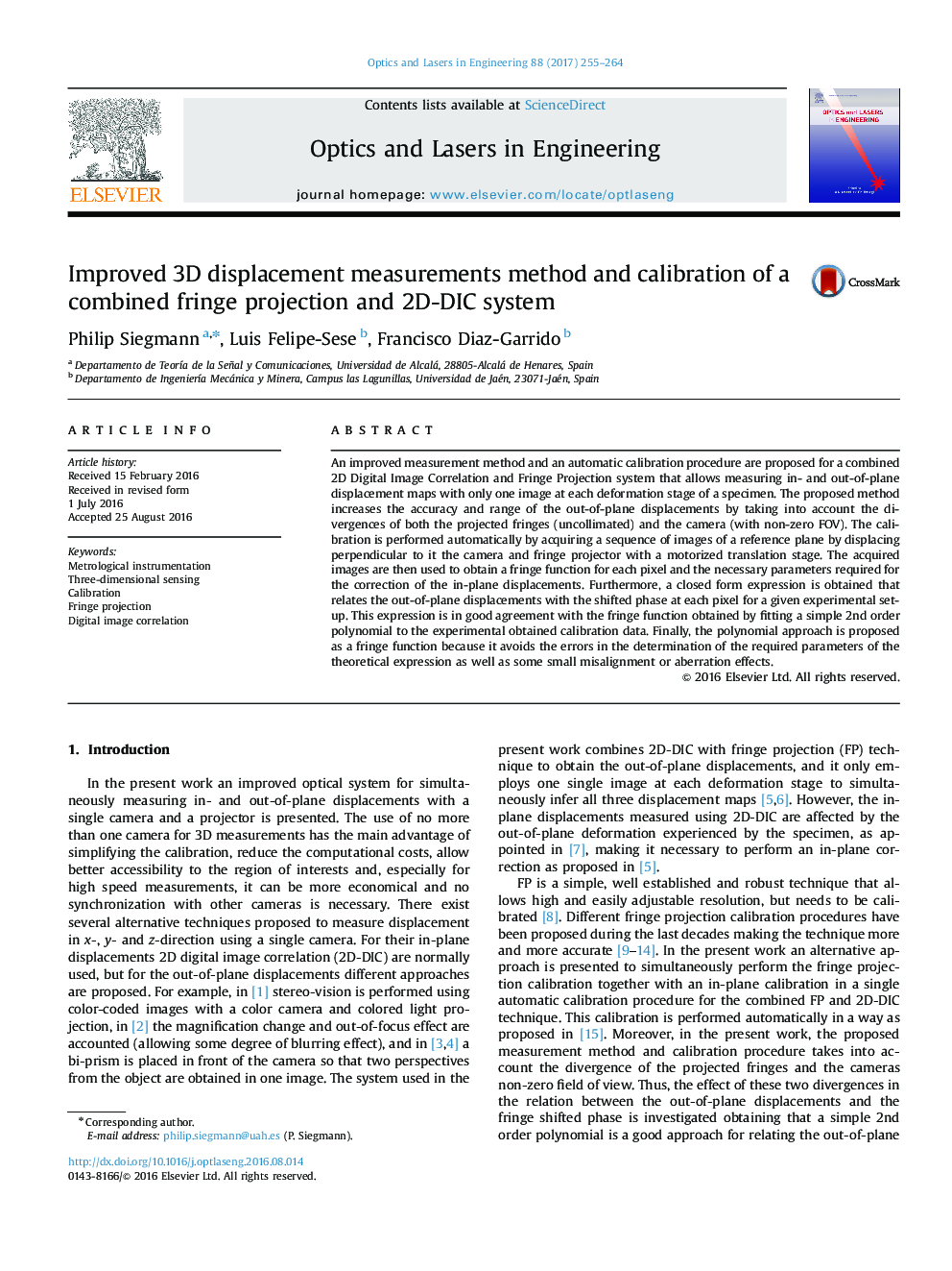 Improved 3D displacement measurements method and calibration of a combined fringe projection and 2D-DIC system