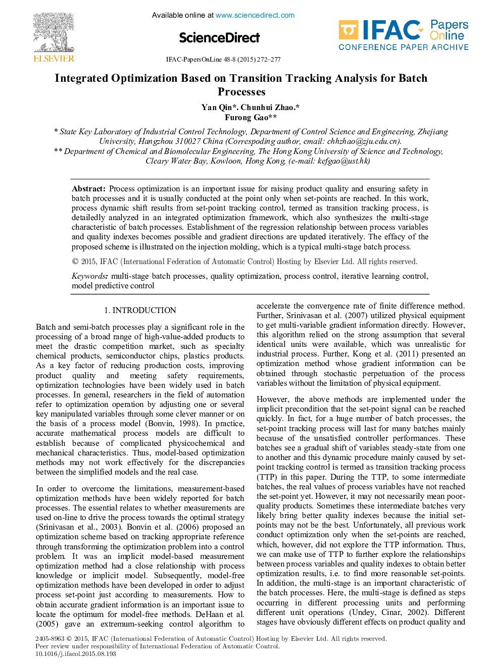 Integrated Optimization Based on Transition Tracking Analysis for Batch Processes