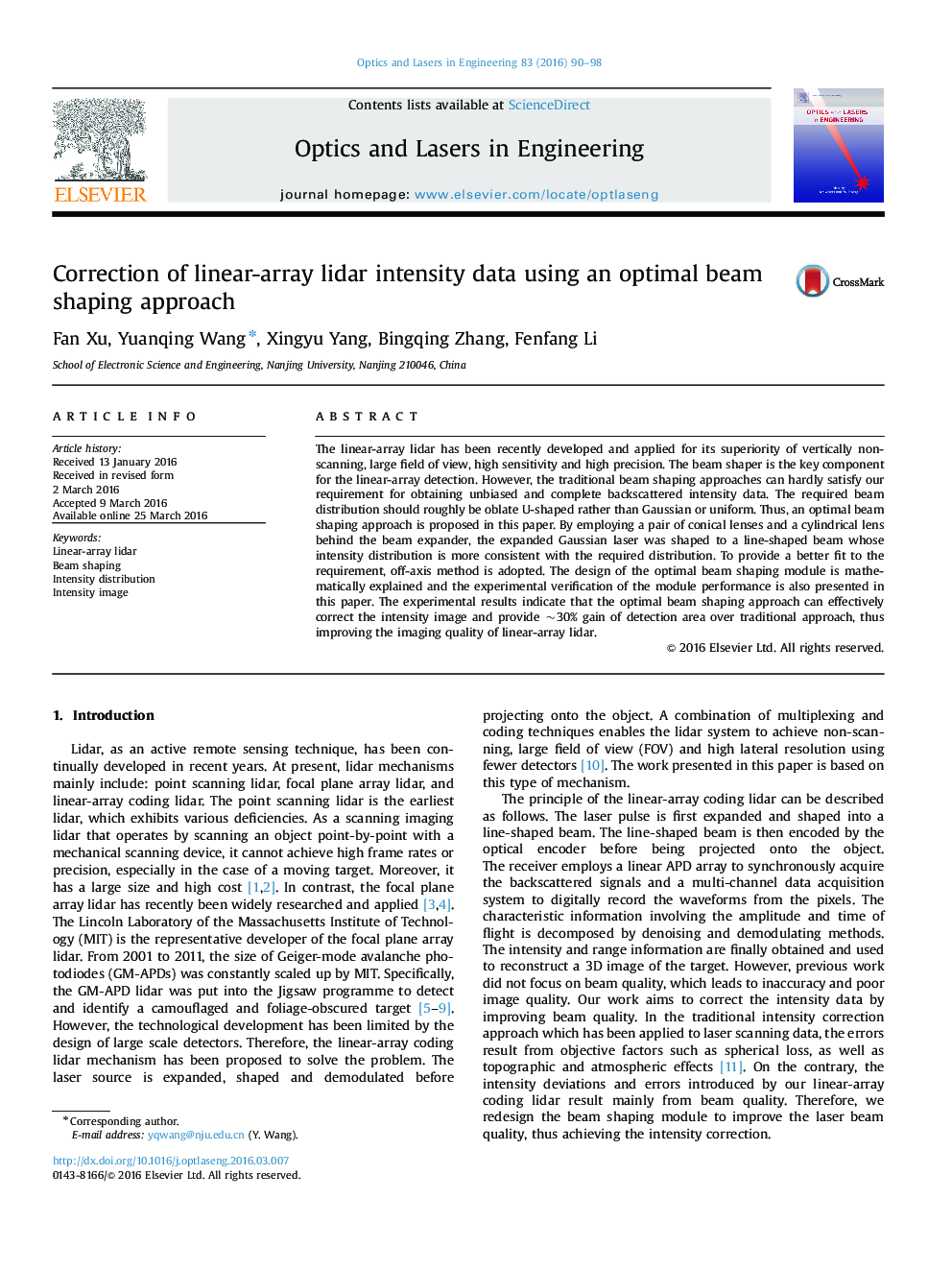 Correction of linear-array lidar intensity data using an optimal beam shaping approach