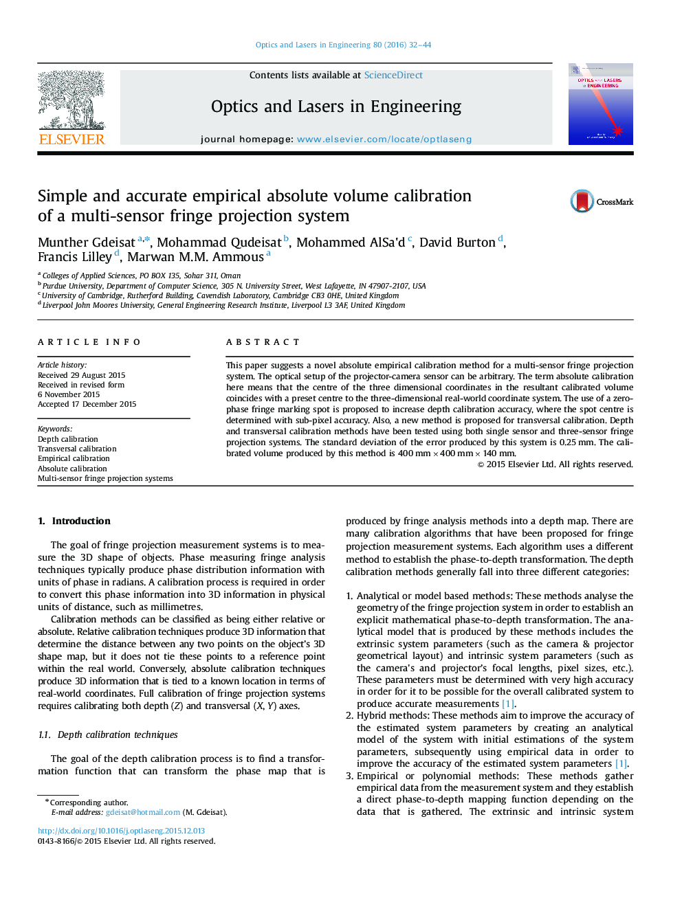 Simple and accurate empirical absolute volume calibration of a multi-sensor fringe projection system