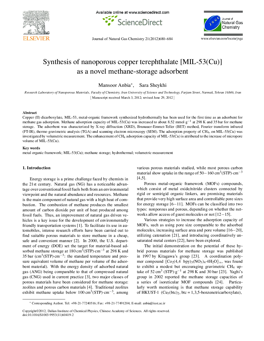Synthesis of nanoporous copper terephthalate [MIL-53(Cu)] as a novel methane-storage adsorbent