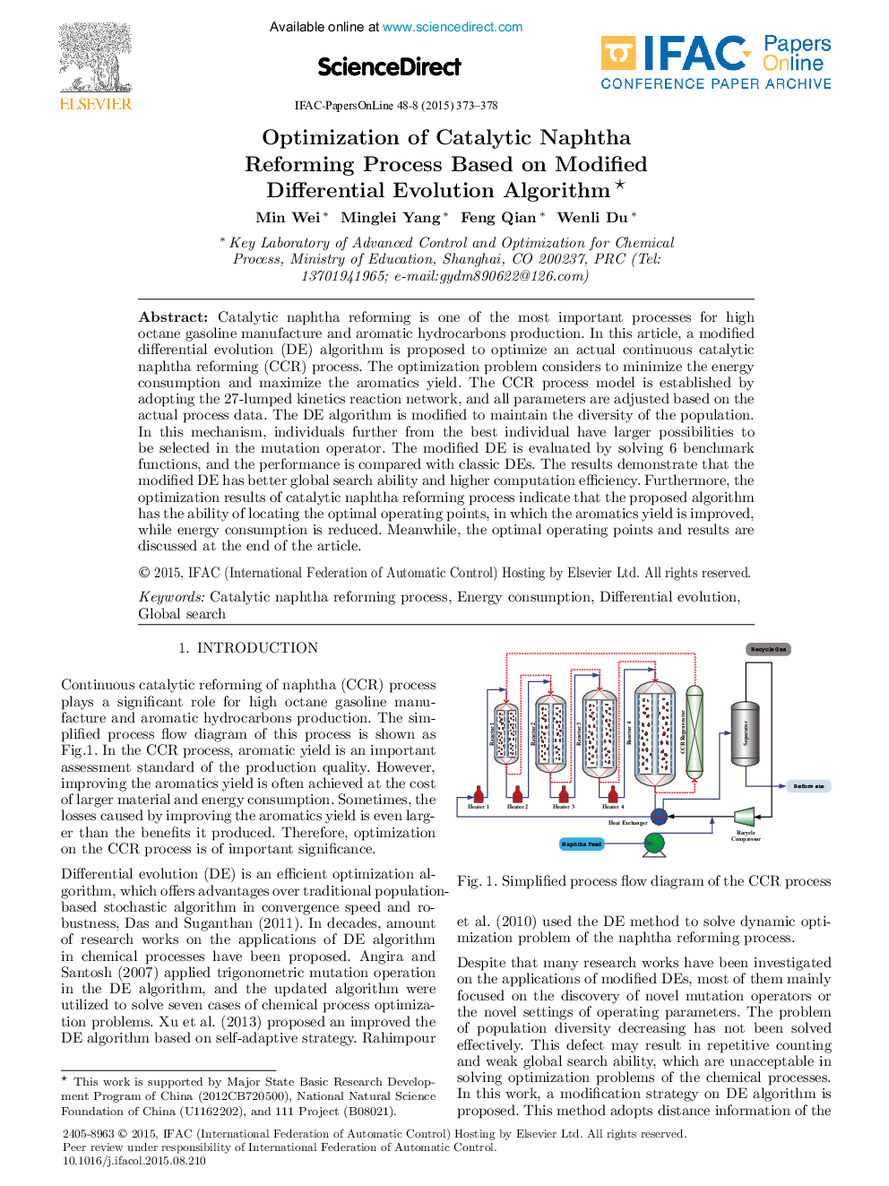 Optimization of Catalytic Naphtha Reforming Process Based on Modified Differential Evolution Algorithm∗