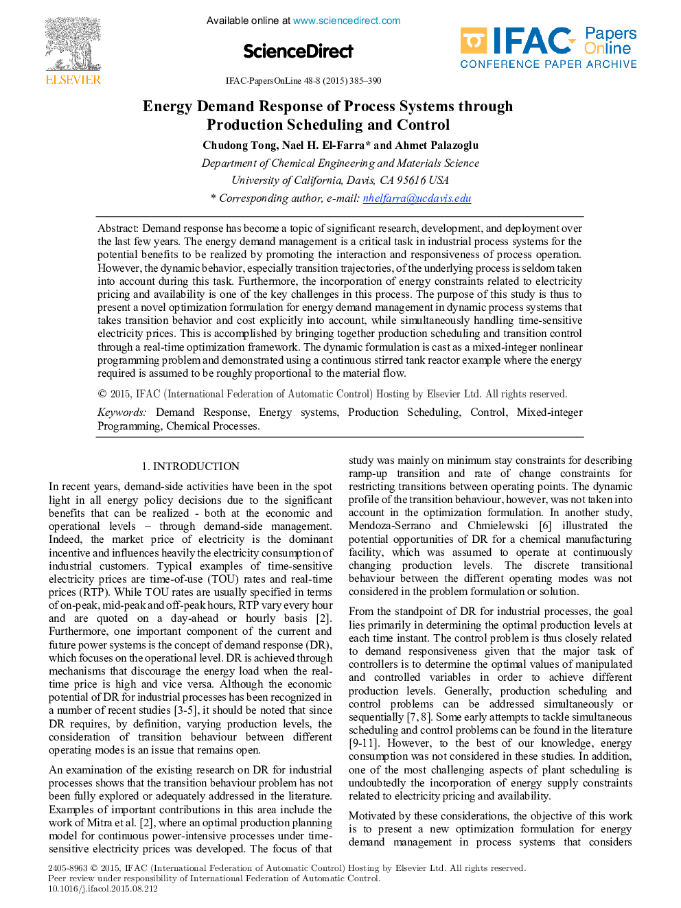 Energy Demand Response of Process Systems through Production Scheduling and Control