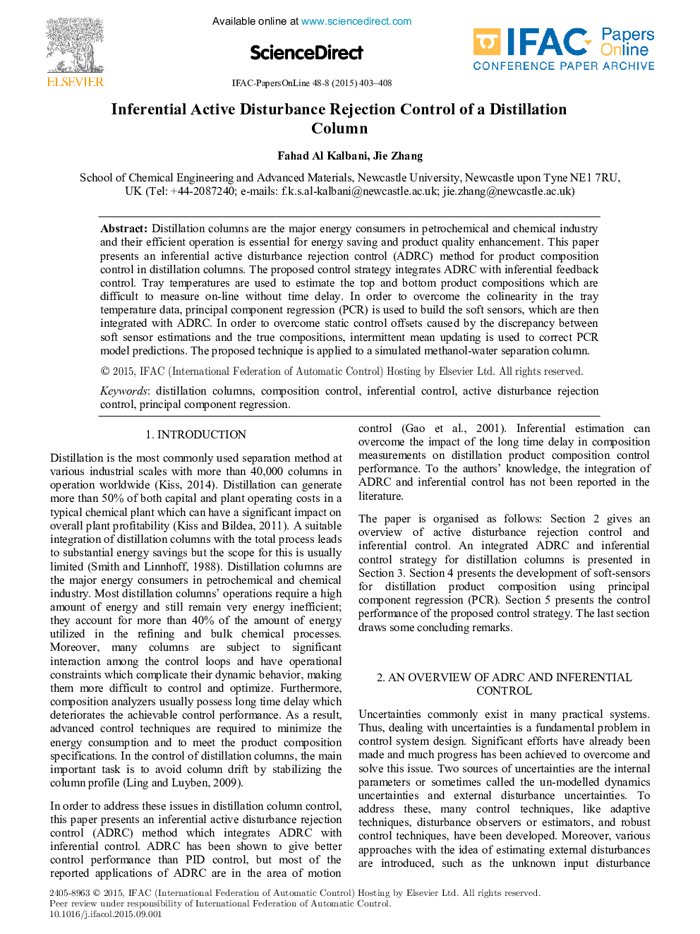 Inferential Active Disturbance Rejection Control of a Distillation Column