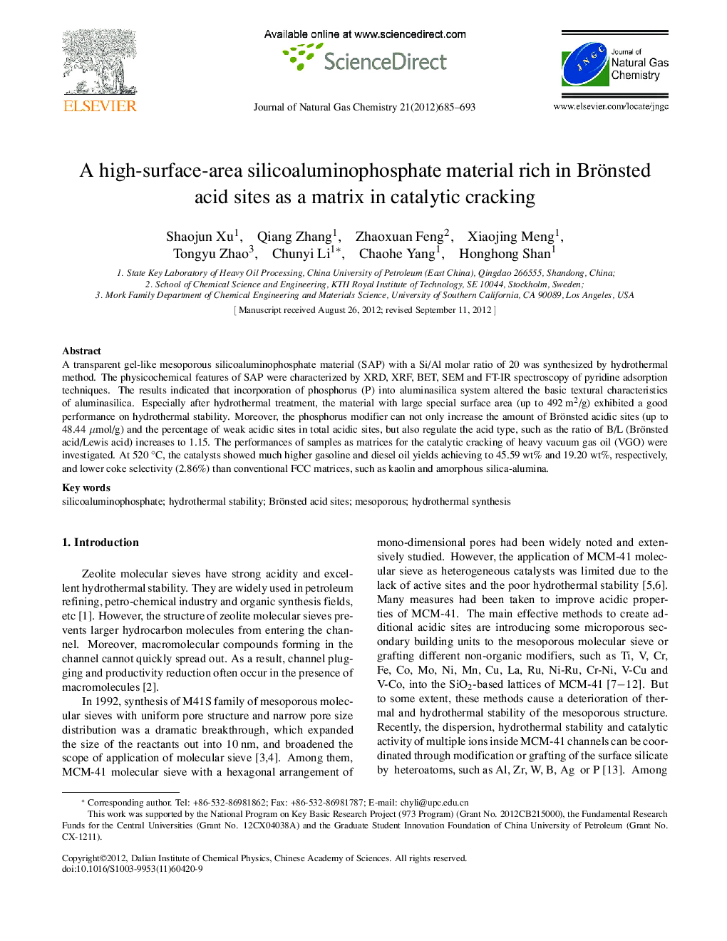 A high-surface-area silicoaluminophosphate material rich in Brönsted acid sites as a matrix in catalytic cracking 