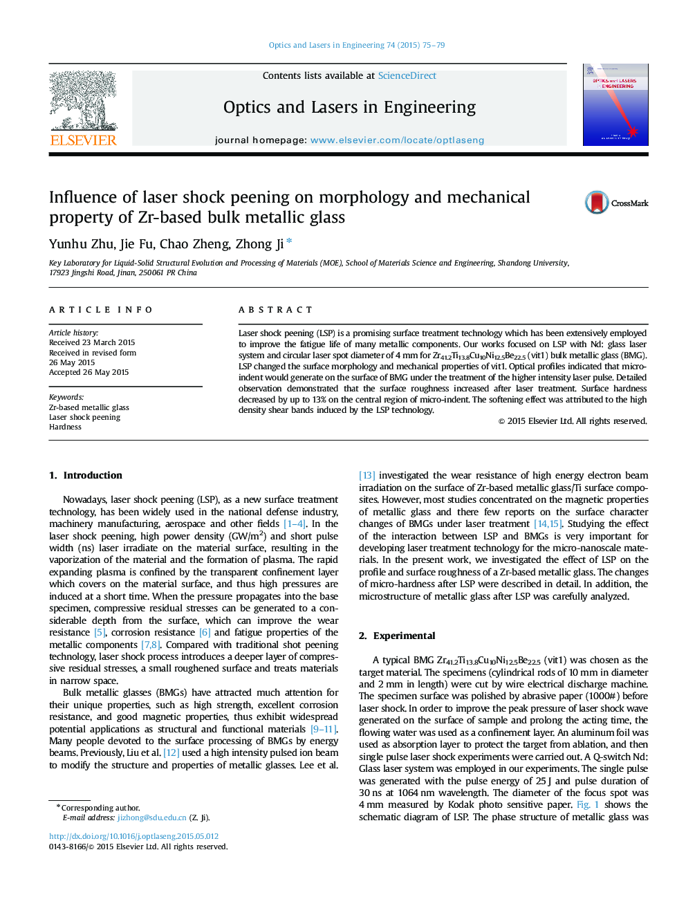 Influence of laser shock peening on morphology and mechanical property of Zr-based bulk metallic glass