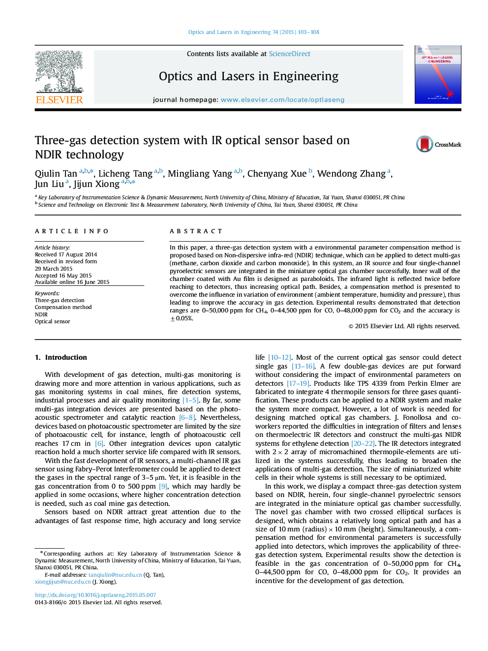 Three-gas detection system with IR optical sensor based on NDIR technology