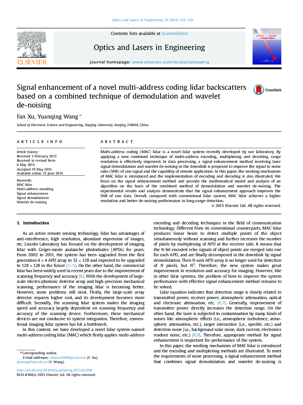 Signal enhancement of a novel multi-address coding lidar backscatters based on a combined technique of demodulation and wavelet de-noising