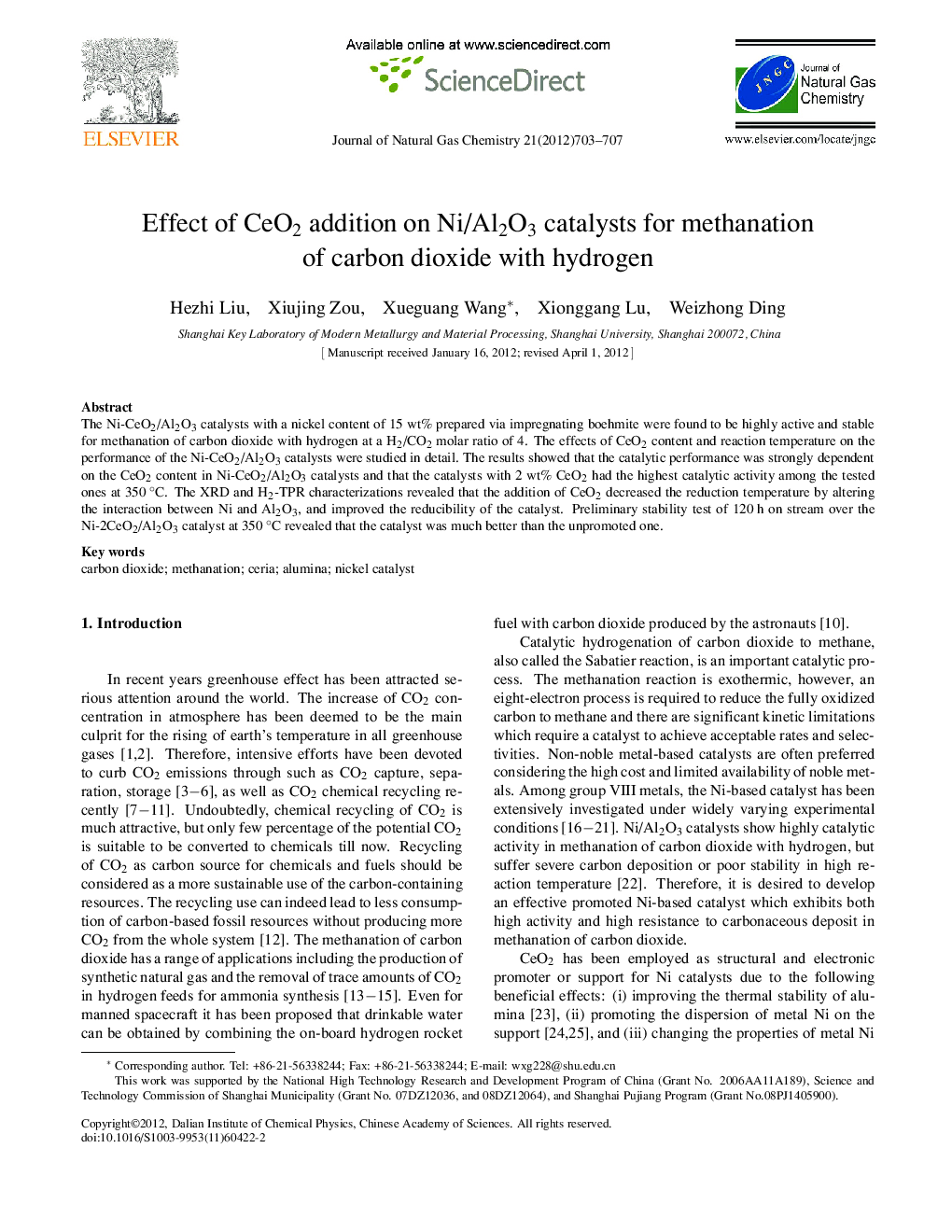 Effect of CeO2 addition on Ni/Al2O3 catalysts for methanation of carbon dioxide with hydrogen 
