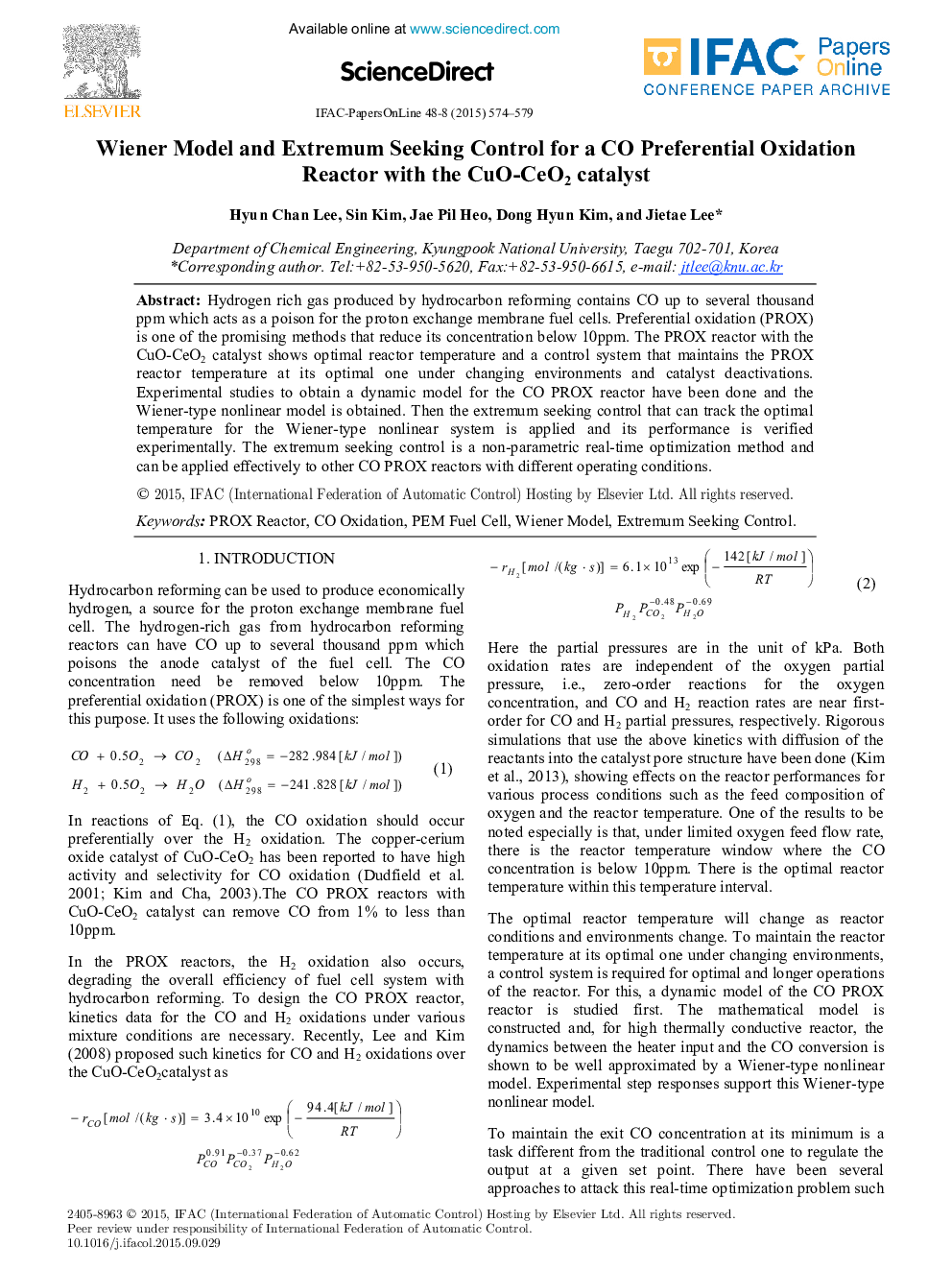 Wiener Model and Extremum Seeking Control for a CO Preferential Oxidation Reactor with the CuO-CeO2 catalyst