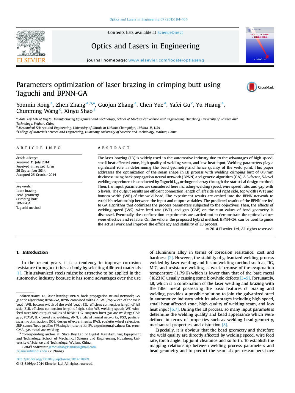 Parameters optimization of laser brazing in crimping butt using Taguchi and BPNN-GA