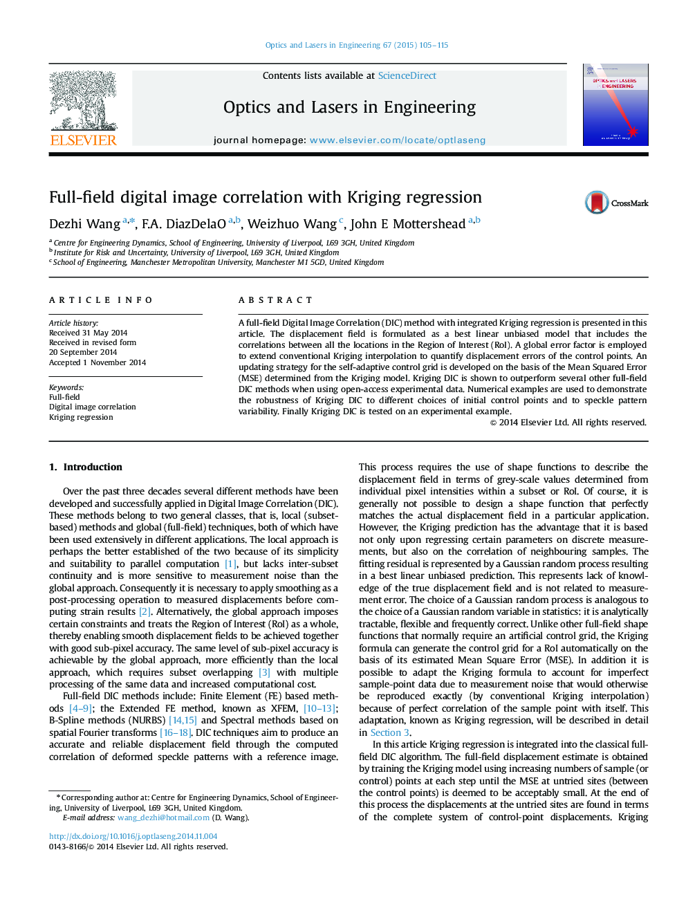 Full-field digital image correlation with Kriging regression