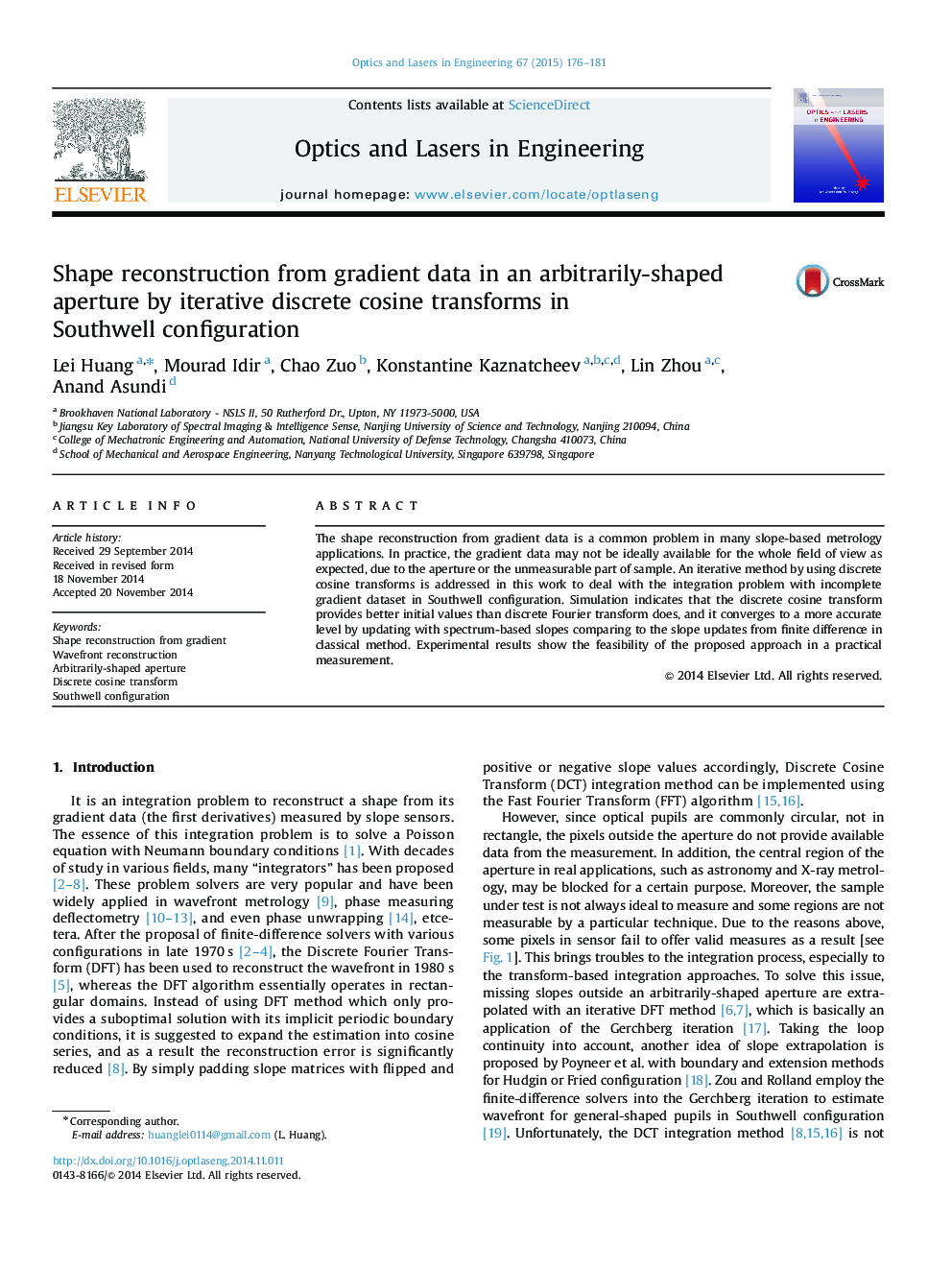 Shape reconstruction from gradient data in an arbitrarily-shaped aperture by iterative discrete cosine transforms in Southwell configuration