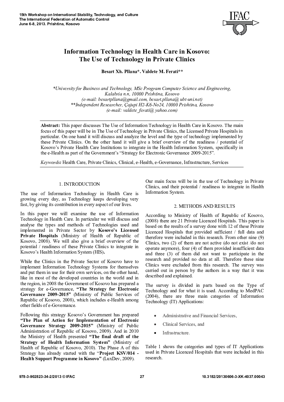 Information Technology in Health Care in Kosovo: The Use of Technology in Private Clinics
