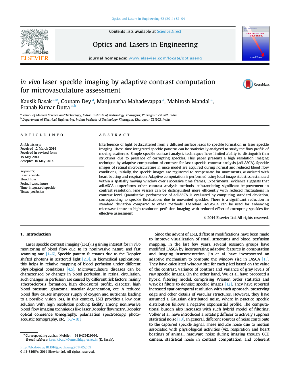 in vivo laser speckle imaging by adaptive contrast computation for microvasculature assessment