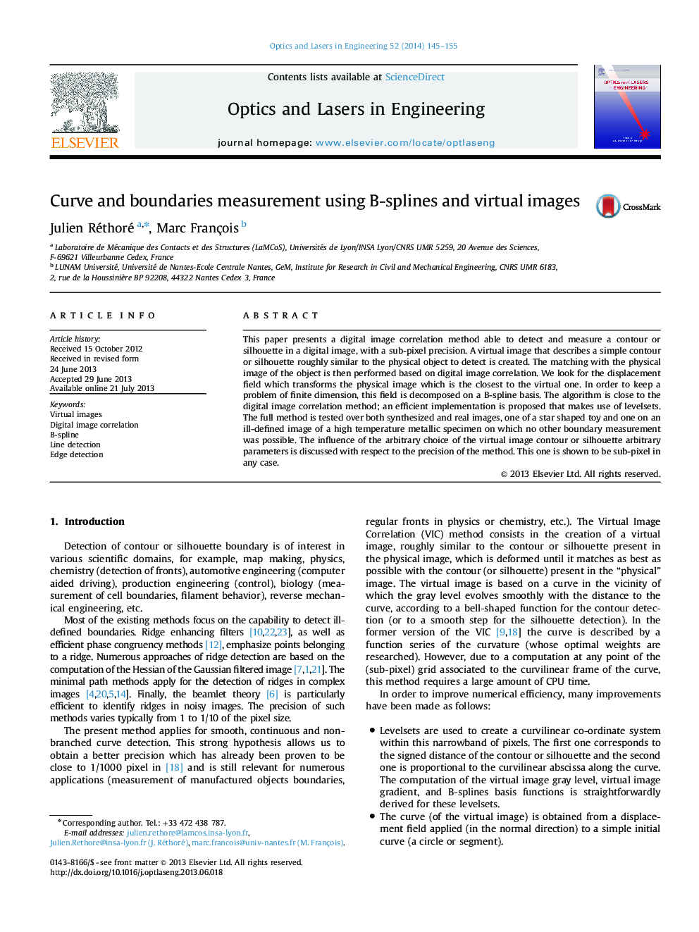 Curve and boundaries measurement using B-splines and virtual images