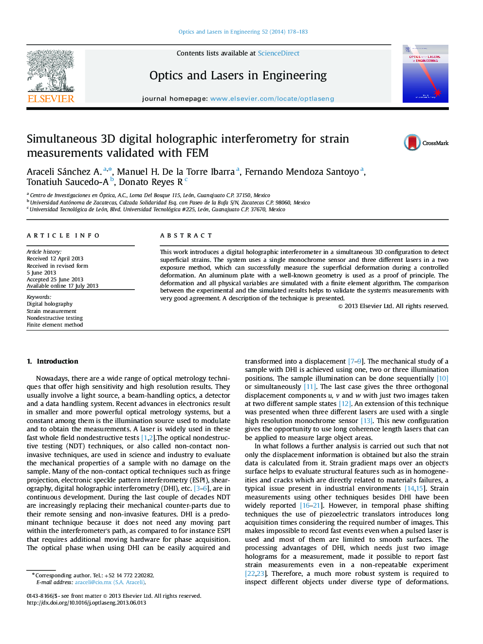 Simultaneous 3D digital holographic interferometry for strain measurements validated with FEM