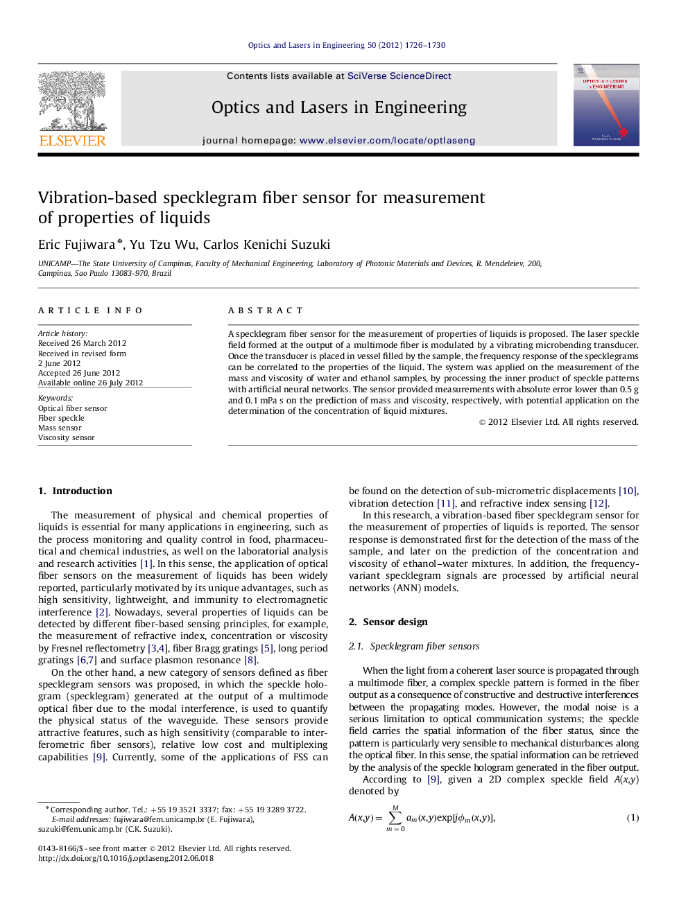 Vibration-based specklegram fiber sensor for measurement of properties of liquids