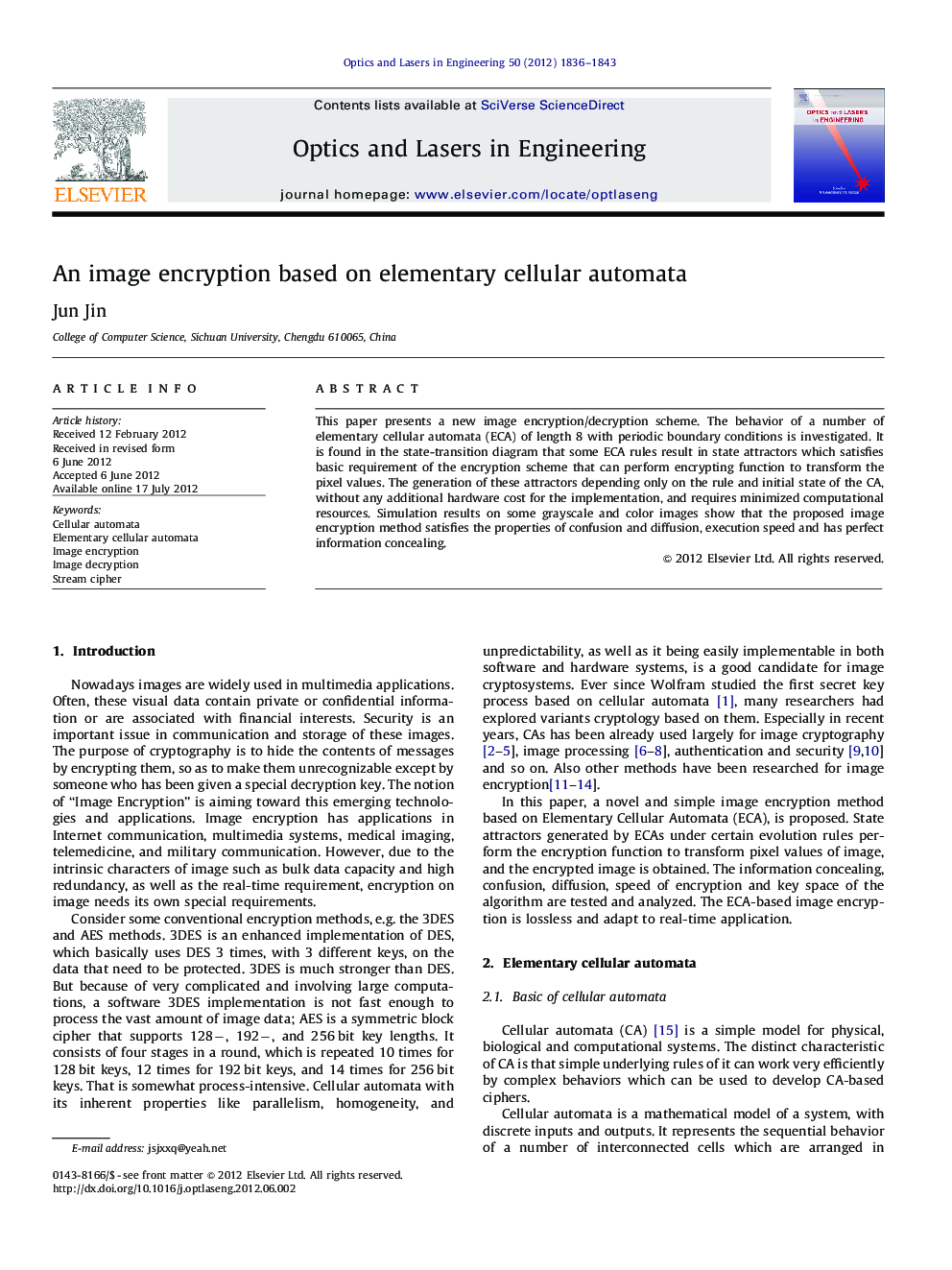 An image encryption based on elementary cellular automata