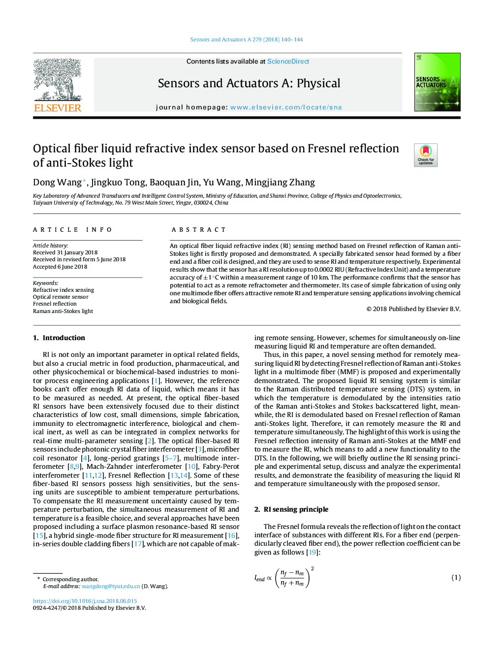 Optical fiber liquid refractive index sensor based on Fresnel reflection of anti-Stokes light