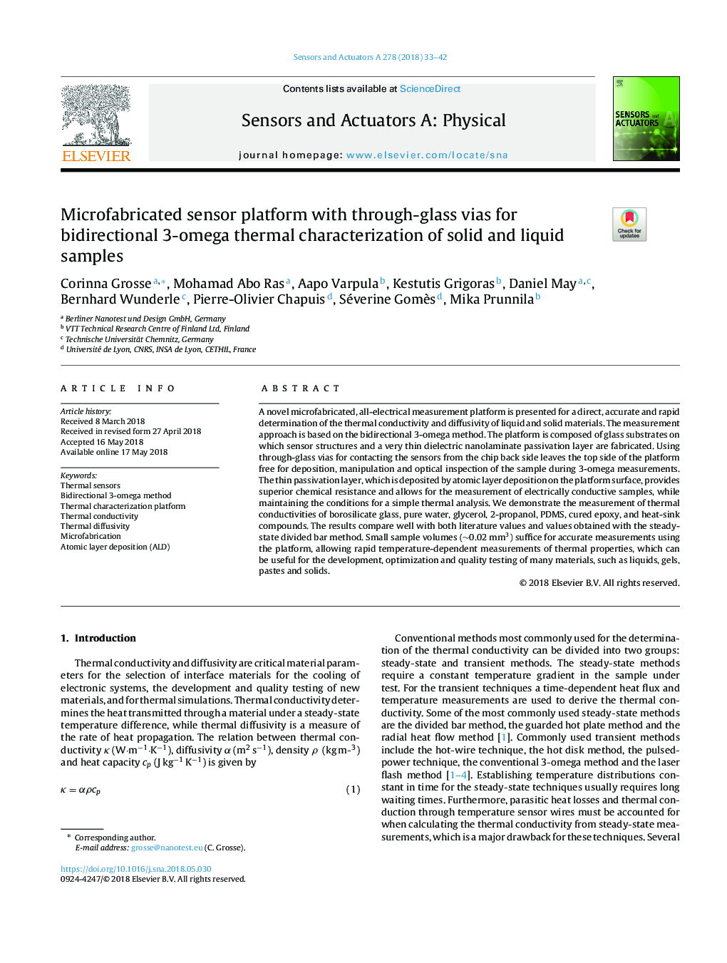 Microfabricated sensor platform with through-glass vias for bidirectional 3-omega thermal characterization of solid and liquid samples