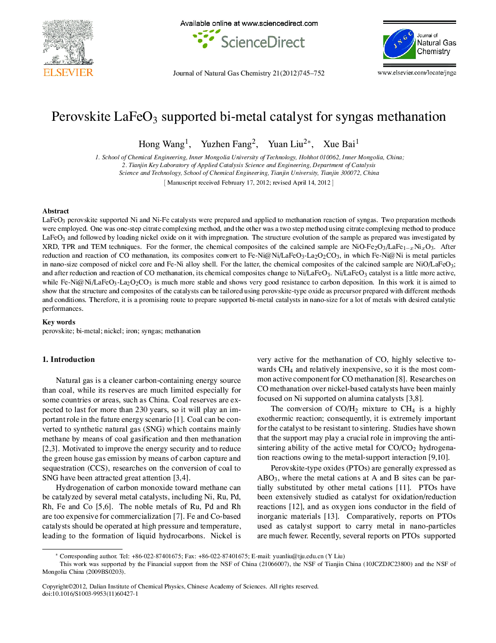 Perovskite LaFeO3 supported bi-metal catalyst for syngas methanation 
