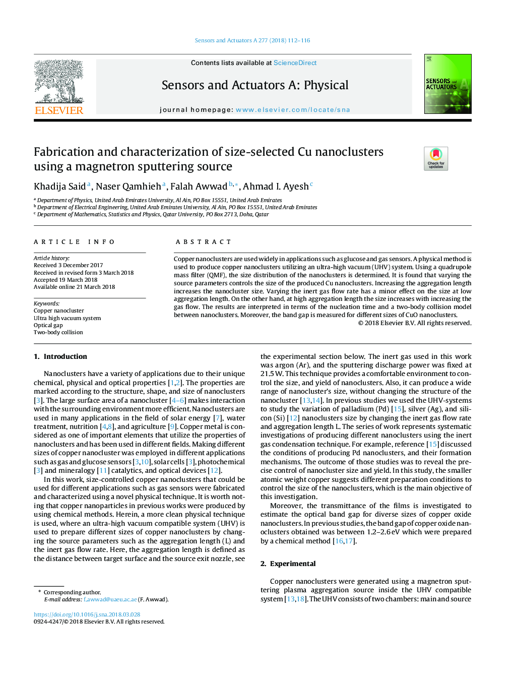 Fabrication and characterization of size-selected Cu nanoclusters using a magnetron sputtering source