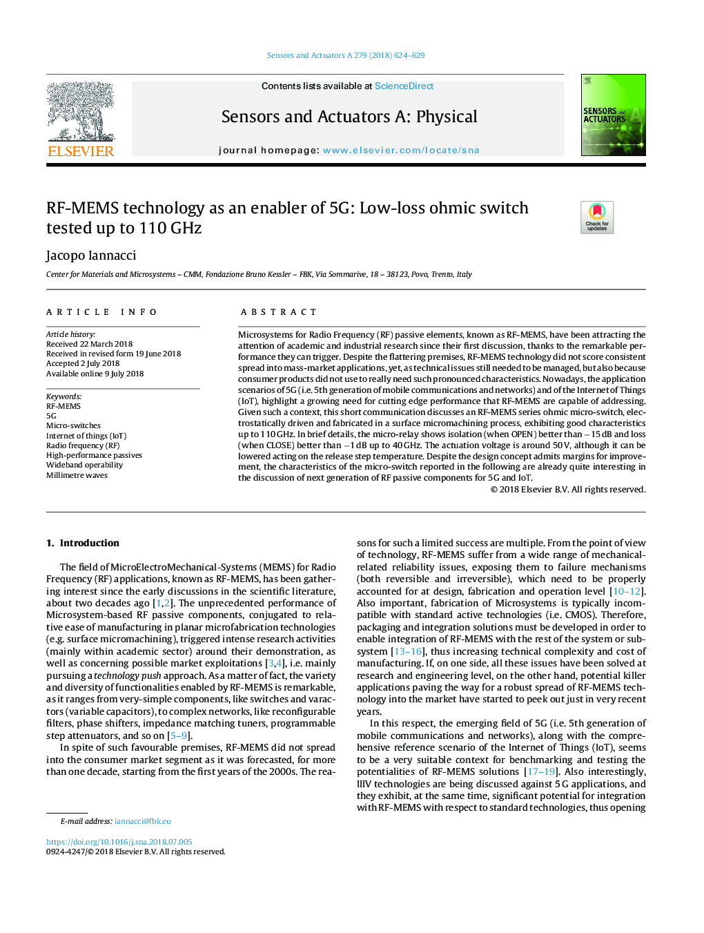 RF-MEMS technology as an enabler of 5G: Low-loss ohmic switch tested up to 110 GHz