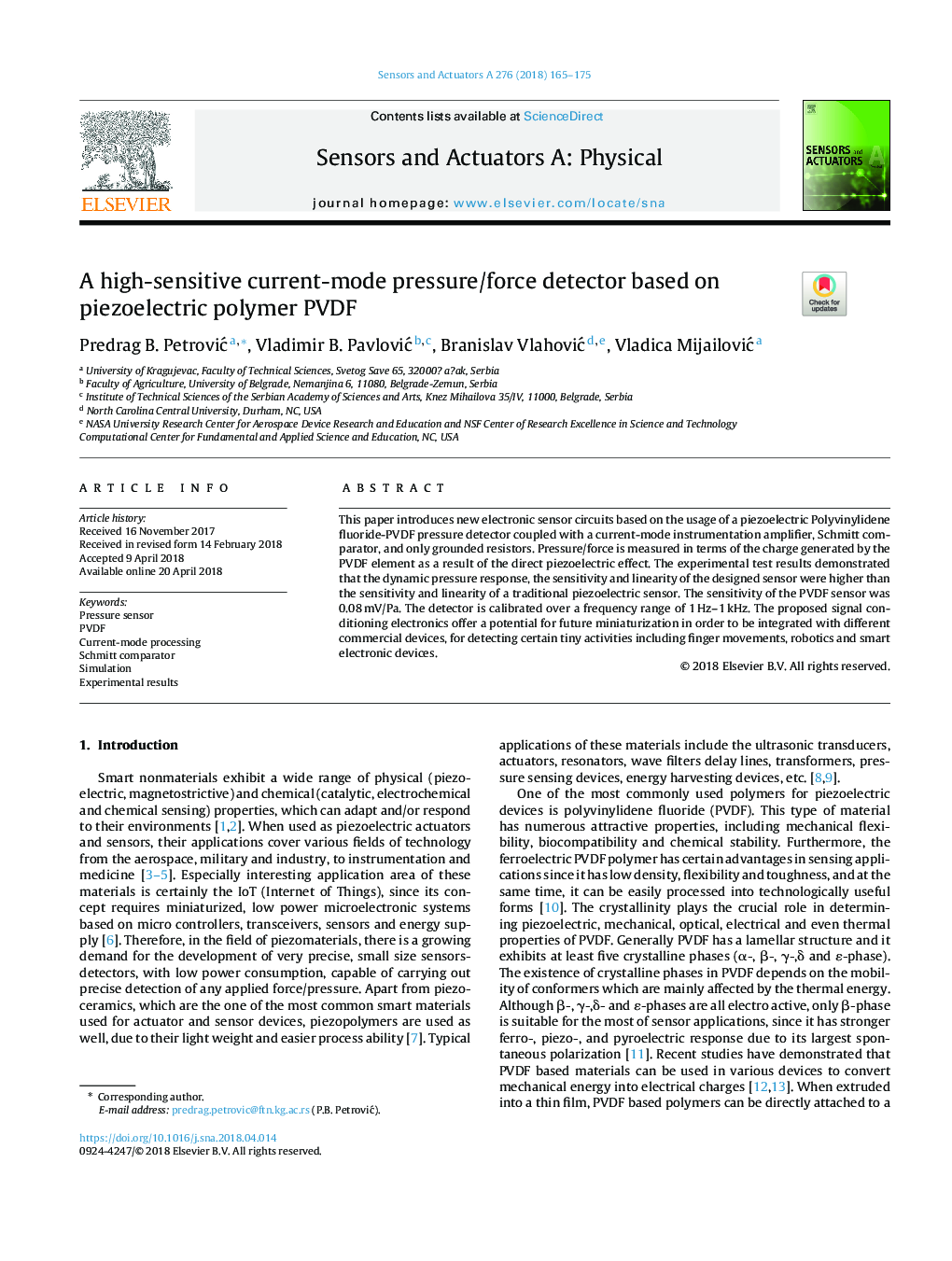 A high-sensitive current-mode pressure/force detector based on piezoelectric polymer PVDF