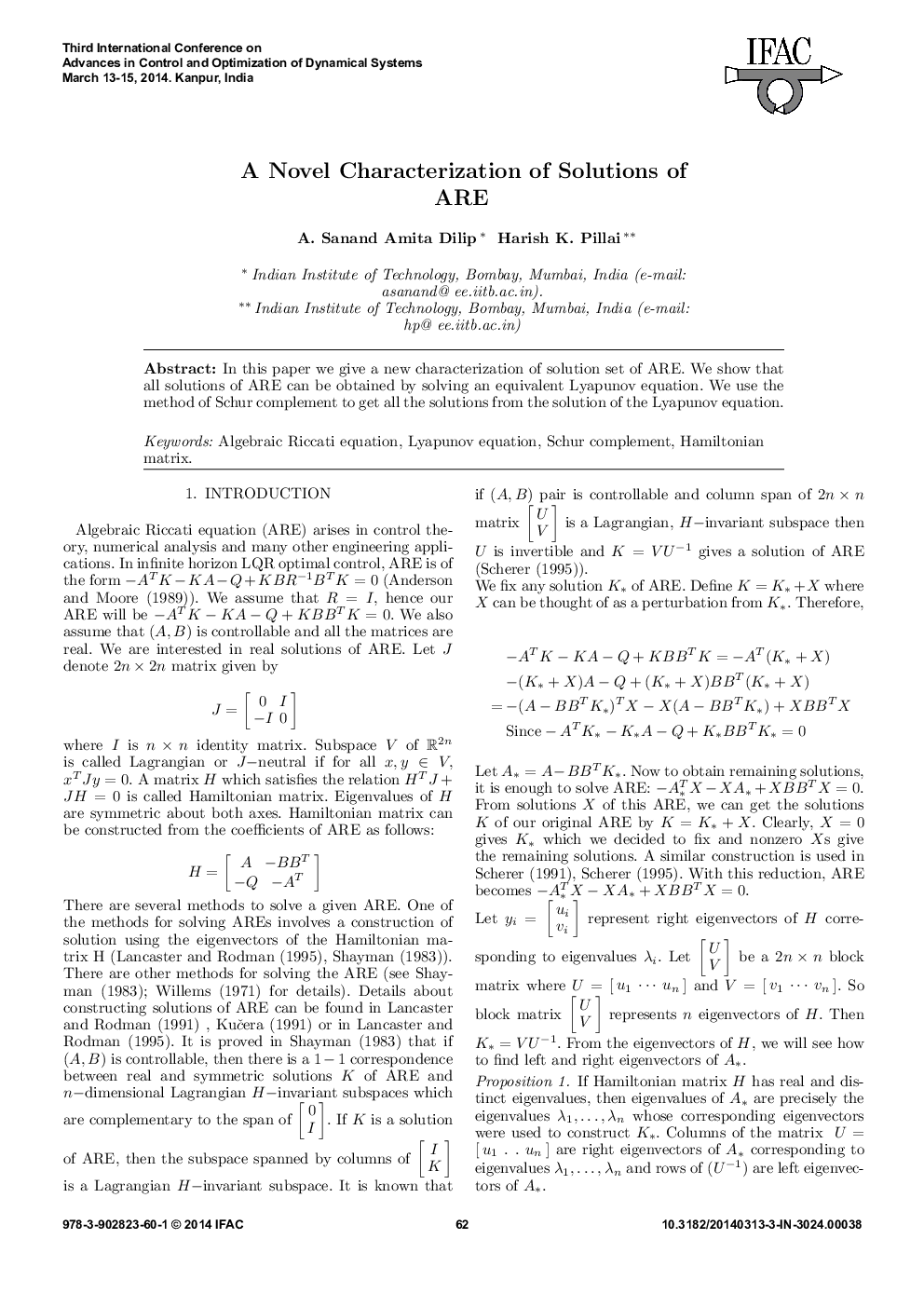A Novel Characterization of Solutions of ARE