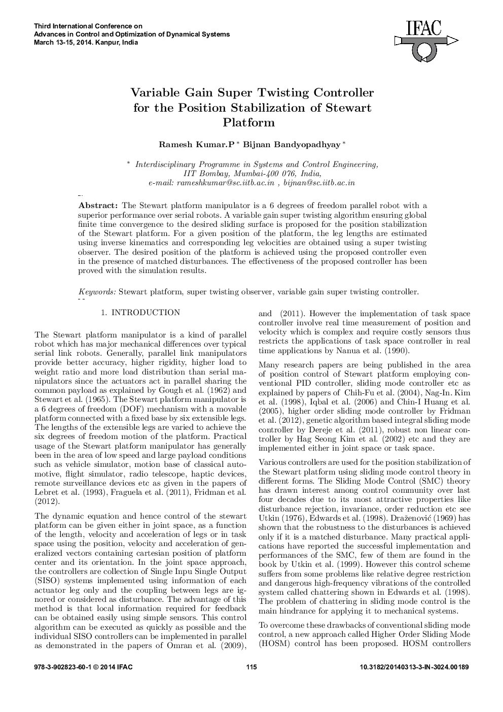 Variable Gain Super Twisting Controller for the Position Stabilization of Stewart Platform