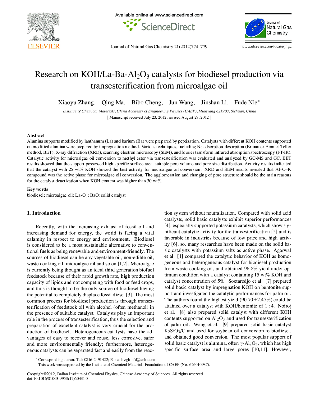 Research on KOH/La-Ba-Al2O3 catalysts for biodiesel production via transesterification from microalgae oil 
