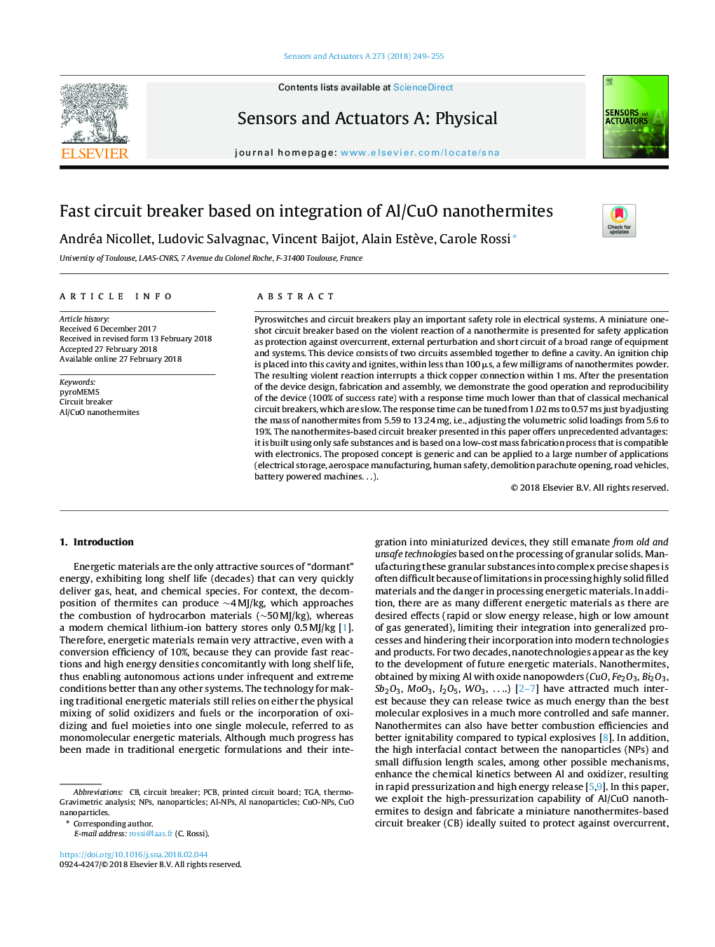 Fast circuit breaker based on integration of Al/CuO nanothermites