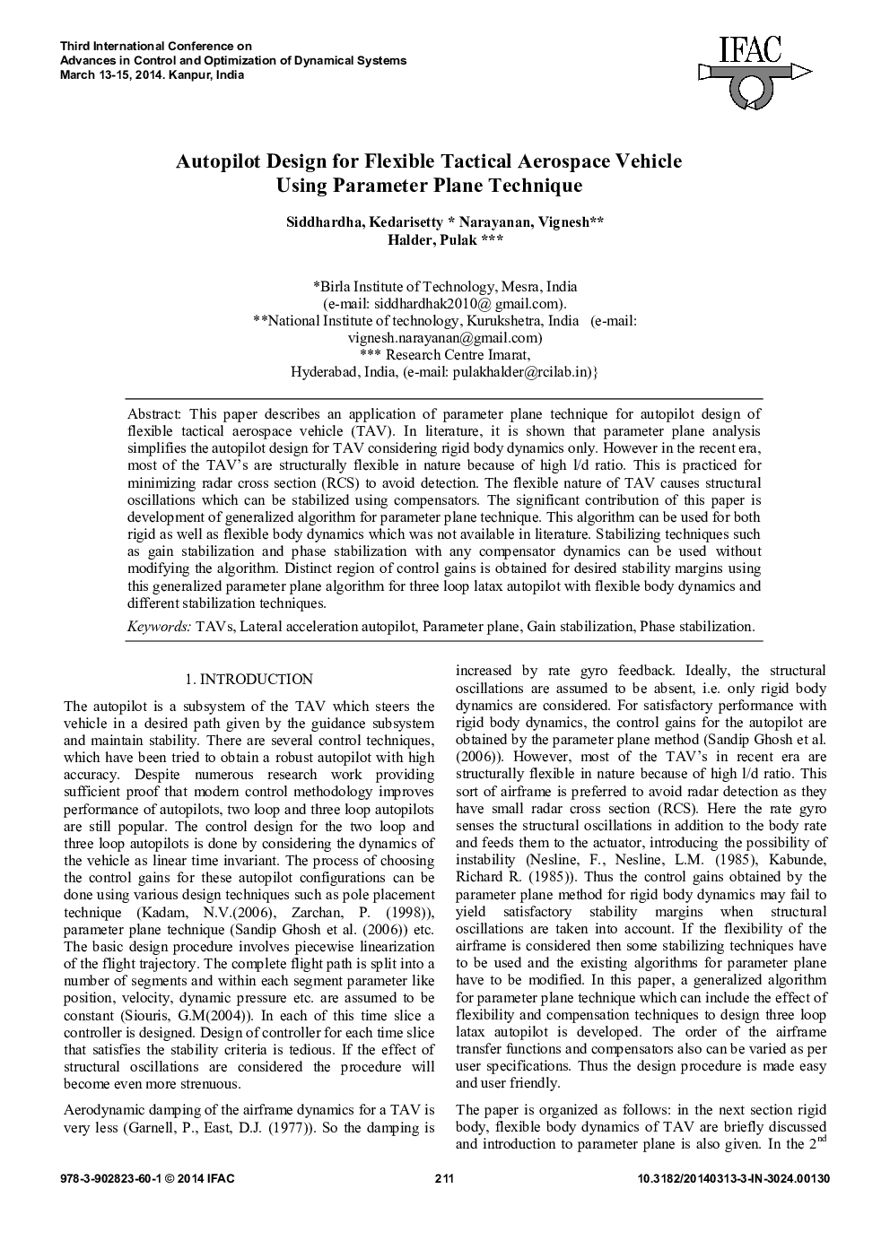 Autopilot Design for Flexible Tactical Aerospace Vehicle Using Parameter Plane Technique
