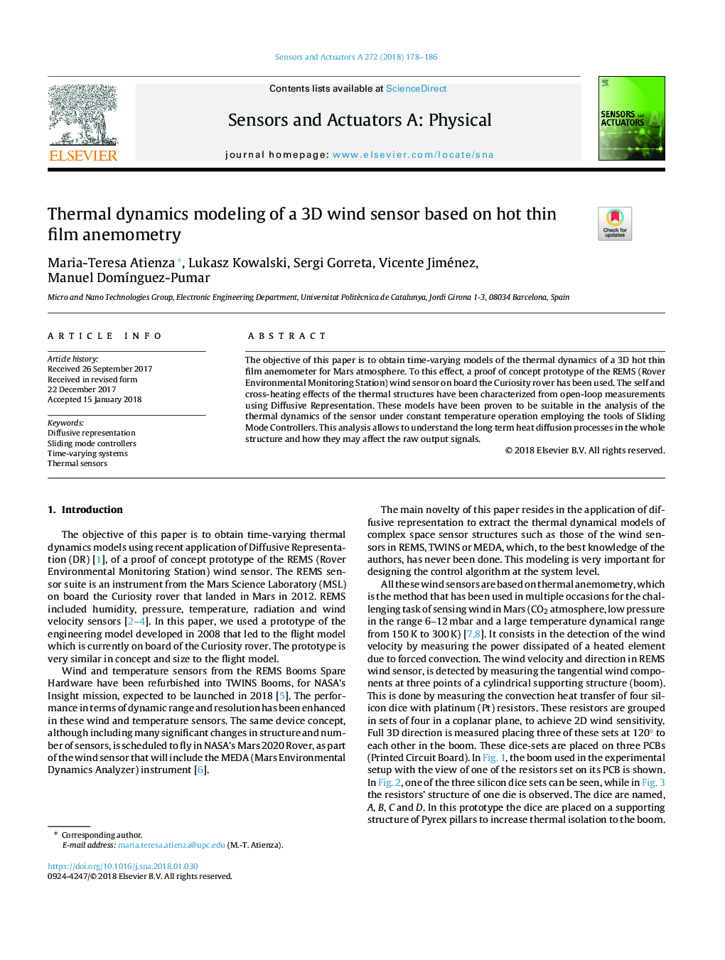 Thermal dynamics modeling of a 3D wind sensor based on hot thin film anemometry